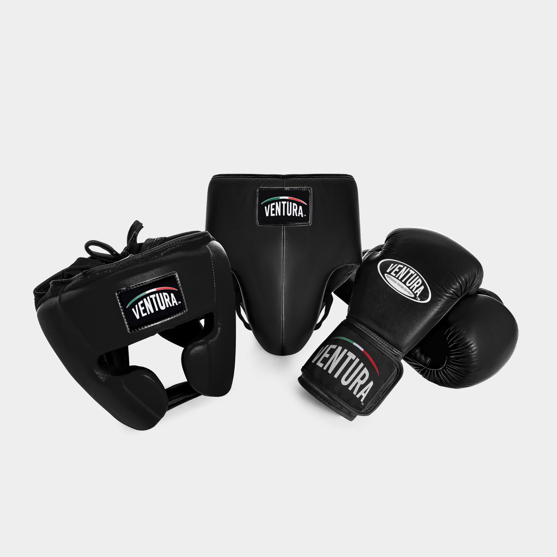 BOXHANDSCHUHE UND KOPFSCHUTZ AUS ECHTEM LEDER MIT TIEFSCHUZ - SCHWARZ