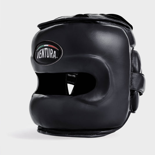 CASCO DE BOXEO CON BARRA FACIAL DE CUERO GENUINO - NEGRO