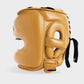 GENUINE LEATHER BOXING GLOVES AND FACE BAR HEADGEAR - GOLD