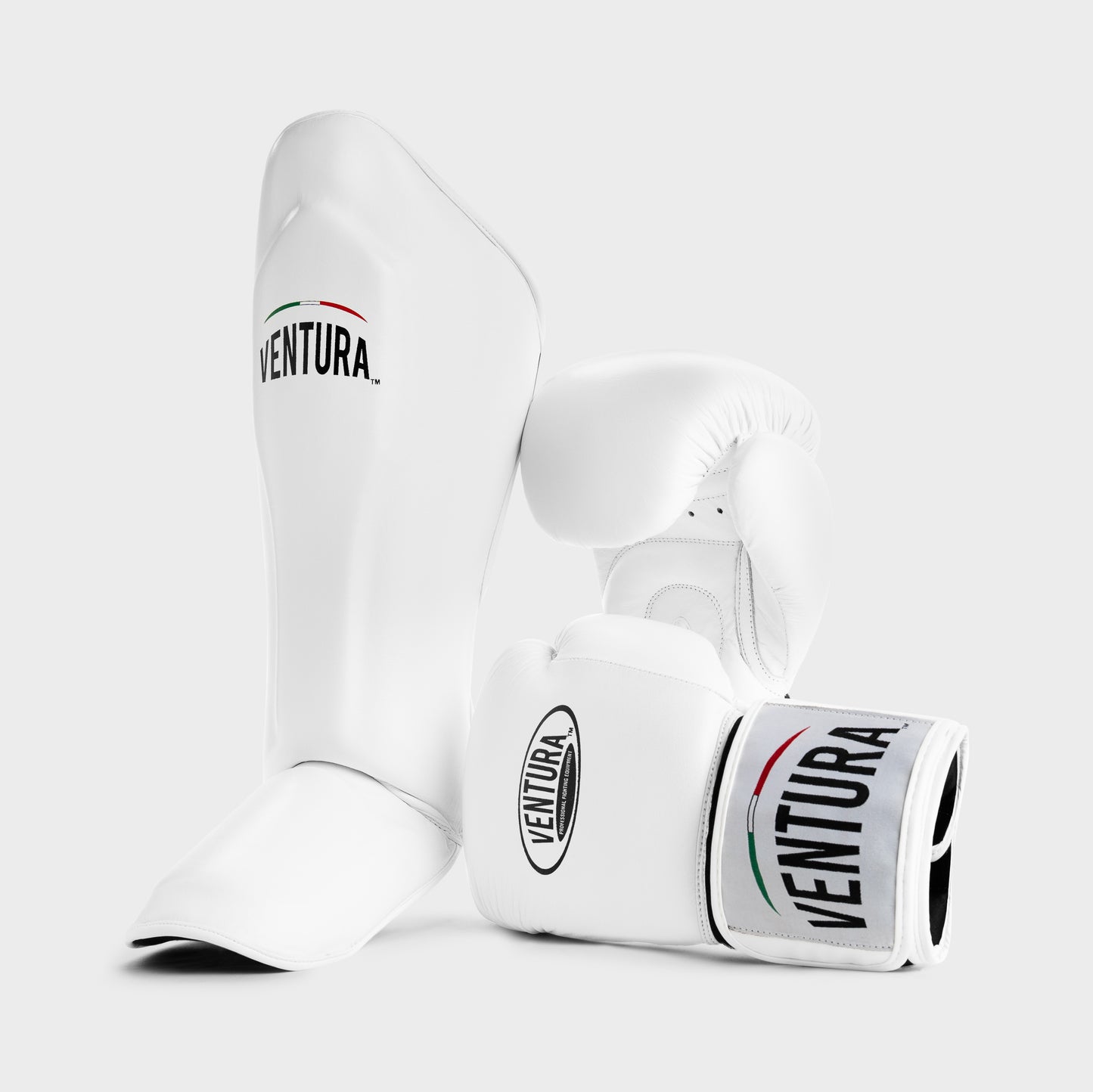 GUANTES DE BOXEO Y ESPINILLERAS DE CUERO GENUINO - BLANCO