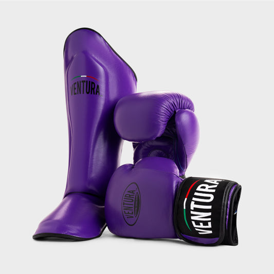 GENUINE LEATHER BOXING GLOVES AND SHIN GUARDS - PURPLE