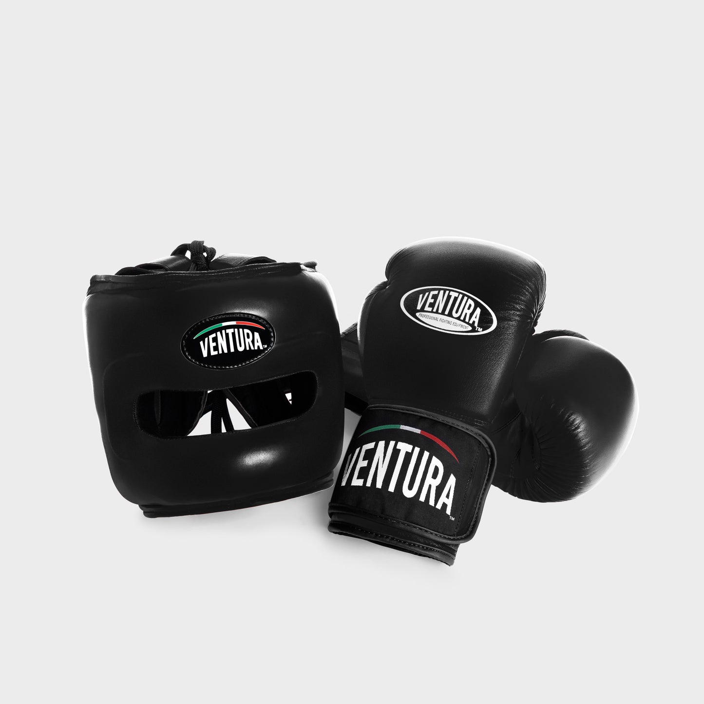 GENUINE LEATHER BOXING GLOVES AND FACE BAR HEADGEAR - BLACK