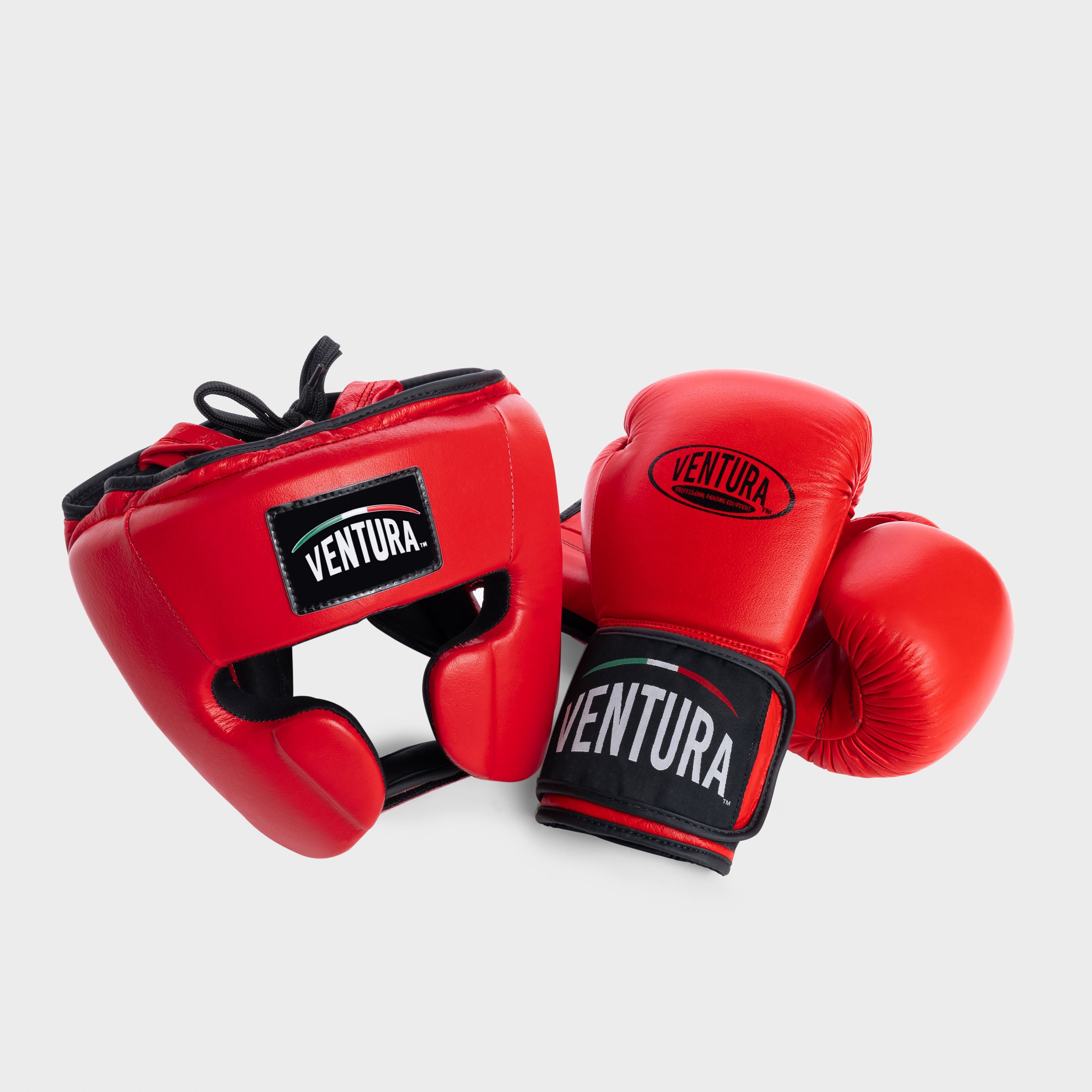 GENUINE LEATHER BOXING GLOVES AND HEADGEAR RED Ventura Sporting