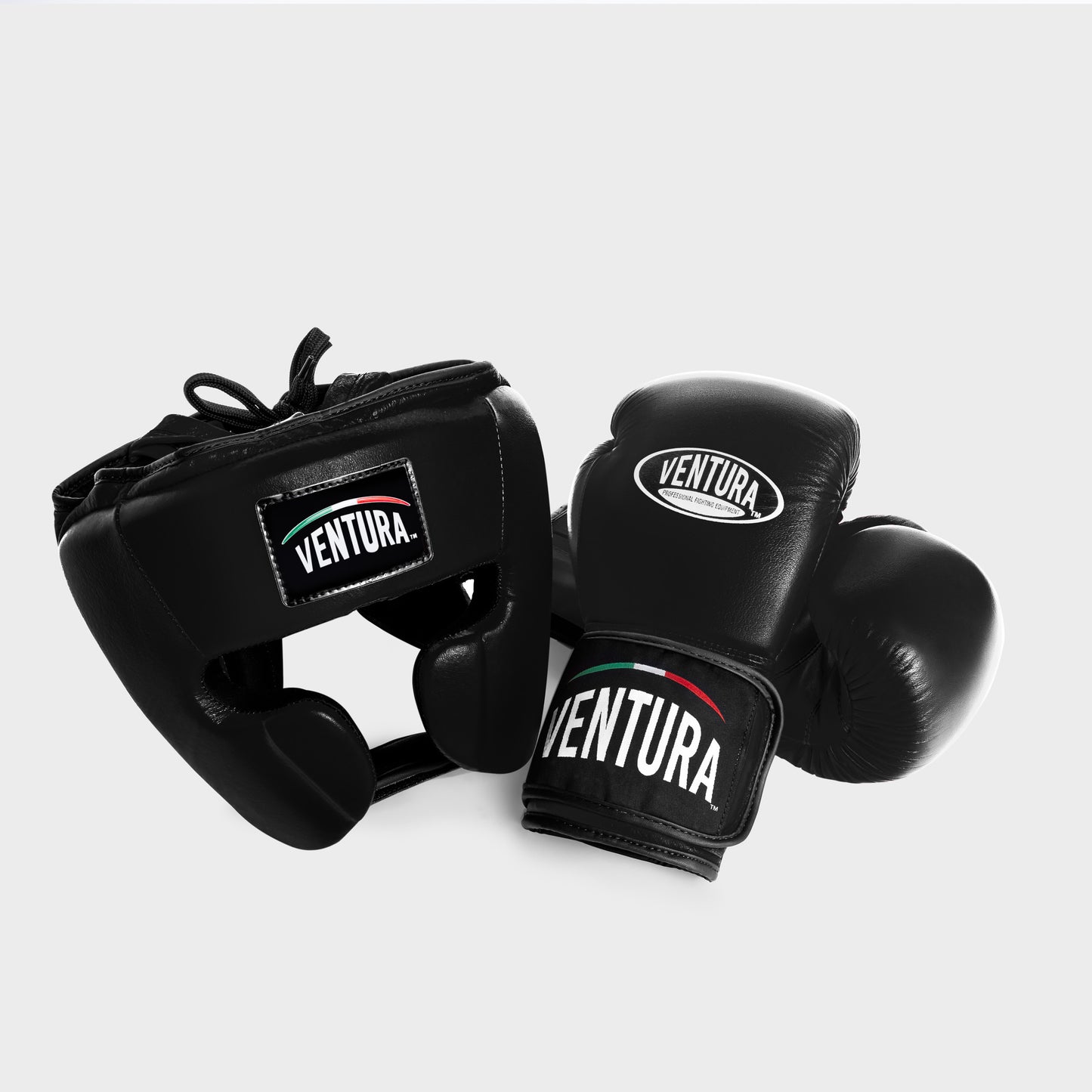 GUANTES Y CASCO DE BOXEO DE CUERO GENUINO - NEGRO