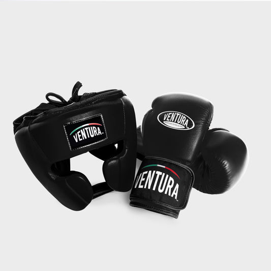 GENUINE LEATHER BOXING GLOVES AND HEADGEAR - BLACK