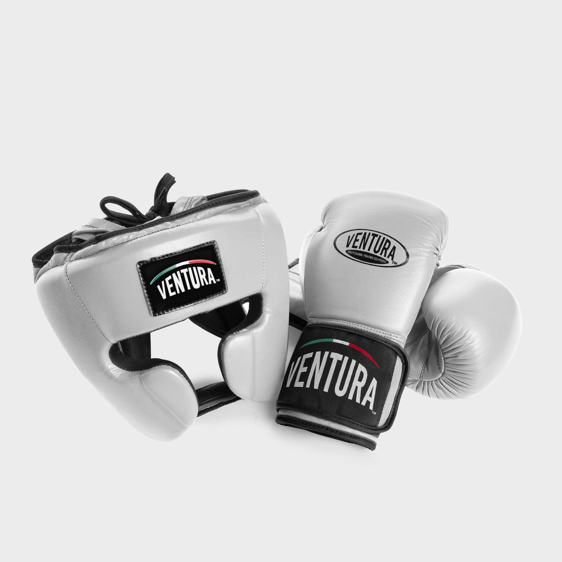 GENUINE LEATHER BOXING GLOVES AND HEADGEAR - SILVER