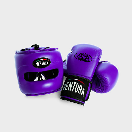 GENUINE LEATHER BOXING GLOVES AND FACE BAR HEADGEAR - PURPLE