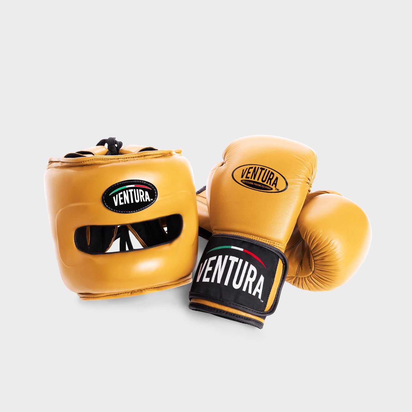 GENUINE LEATHER BOXING GLOVES AND FACE BAR HEADGEAR - GOLD