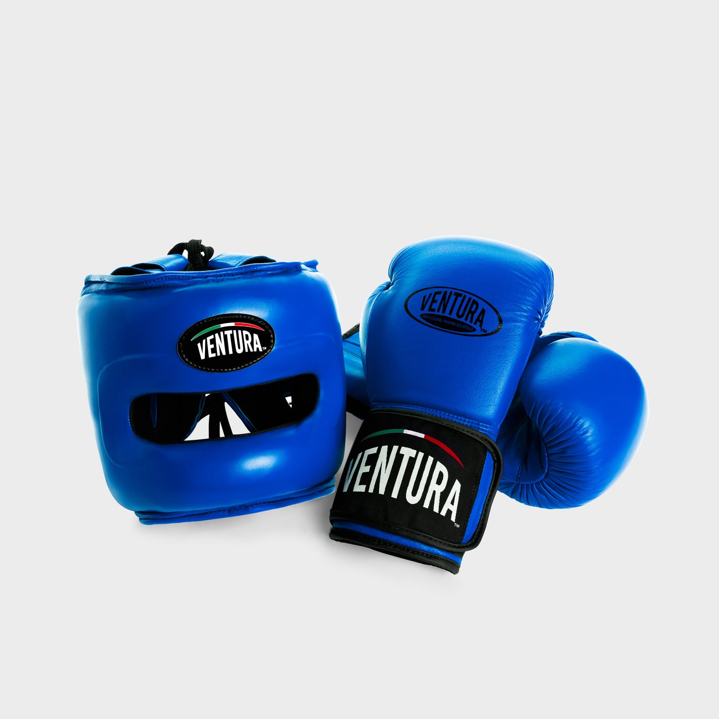 GENUINE LEATHER BOXING GLOVES AND FACE BAR HEADGEAR - BLUE