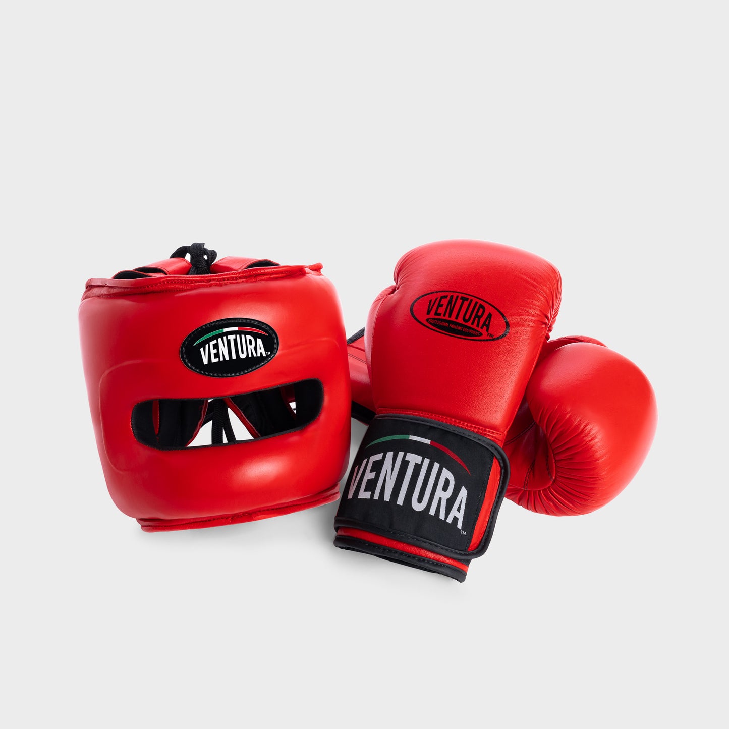 GANTS ET CASQUE DE BOXE AVEC BARRE FACIALE EN CUIR VÉRITABLE - ROUGE