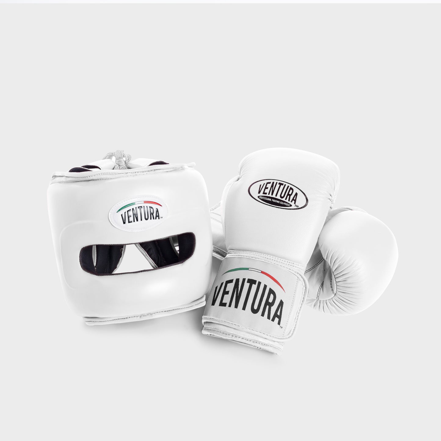 GUANTES Y CASCO DE BOXEO CON BARRA FACIAL DE CUERO GENUINO - BLANCO