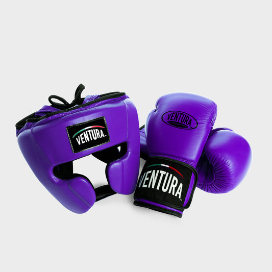 GANTS ET CASQUE DE BOXE EN CUIR VÉRITABLE - VIOLET