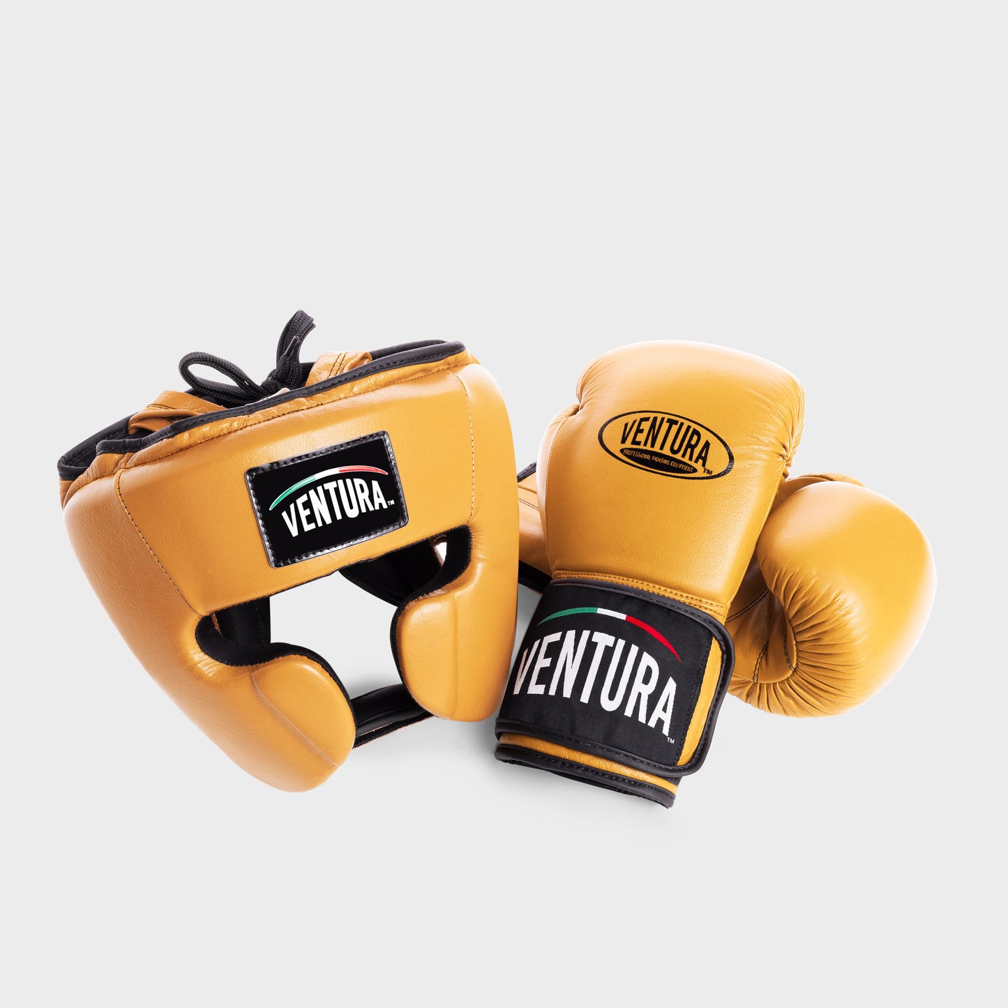 BOXHANDSCHUHE UND HELM AUS ECHTEM LEDER - GOLD