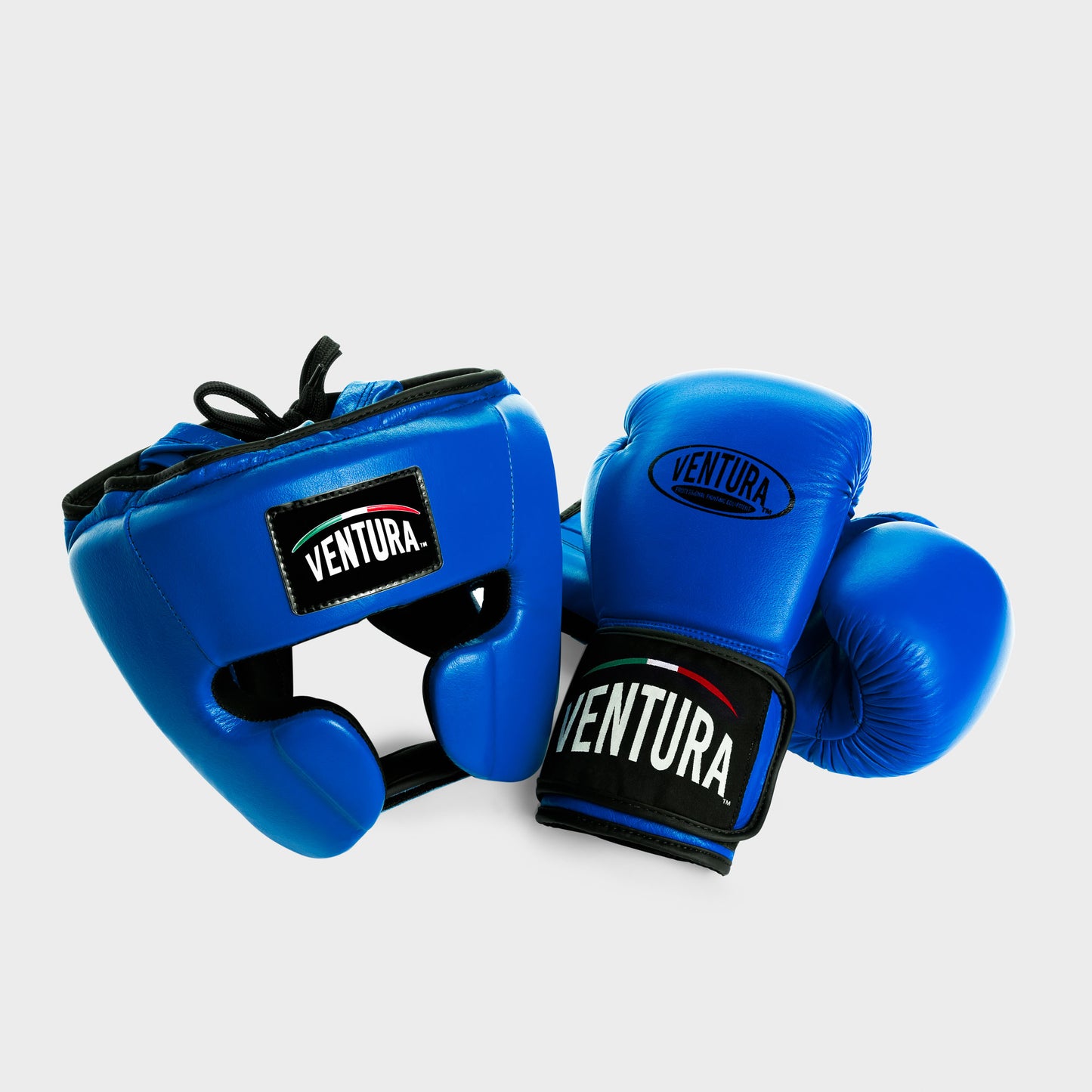 GENUINE LEATHER BOXING GLOVES AND HEADGEAR - BLUE