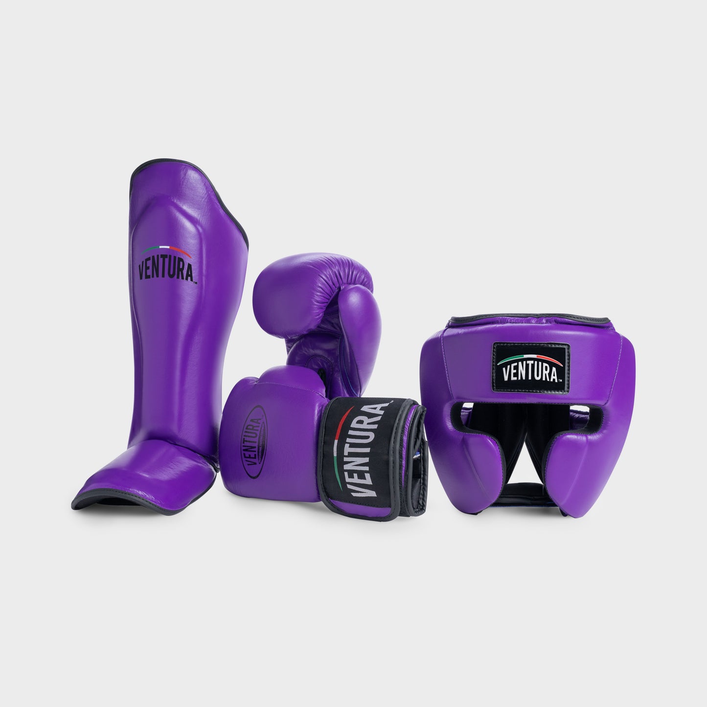 GANTS ET CASQUE DE BOXE EN CUIR VÉRITABLE AVEC PROTÈGE-TIBIAS - VIOLET