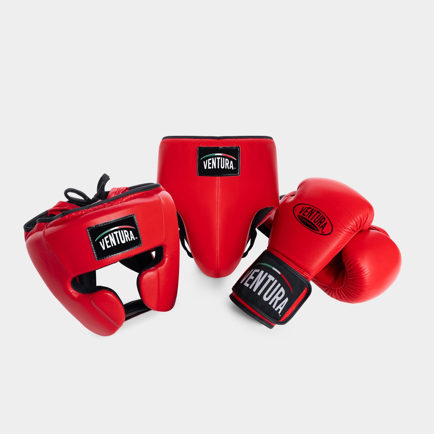 GENUINE LEATHER BOXING GLOVES AND HEADGEAR WITH GROIN GUARD - RED