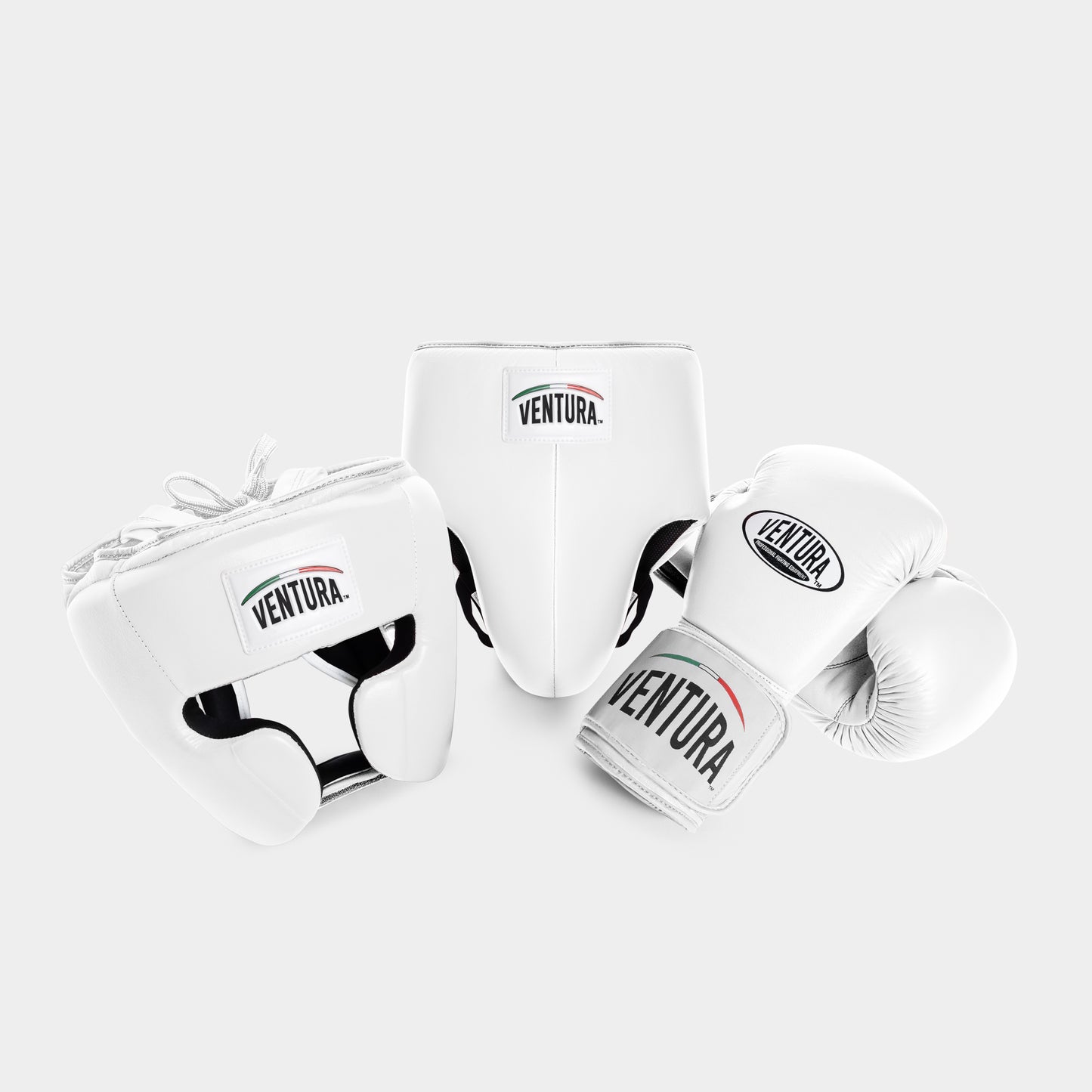 GANTS ET CASQUE AVEC BARRE FACIALE DE BOXE EN CUIR VÉRITABLE AVEC COQUILLE DE PROTECTION - BLANC