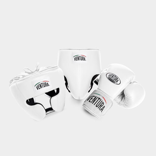 GENUINE LEATHER BOXING GLOVES AND HEADGEAR WITH GROIN GUARD - WHITE