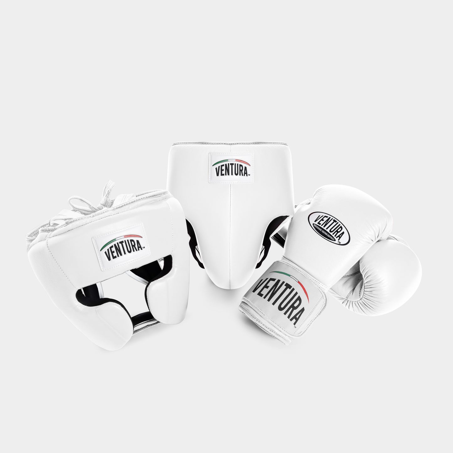 BOXHANDSCHUHE UND KOPFSCHUTZ AUS ECHTEM LEDER MIT TIEFSCHUZ - WEISS