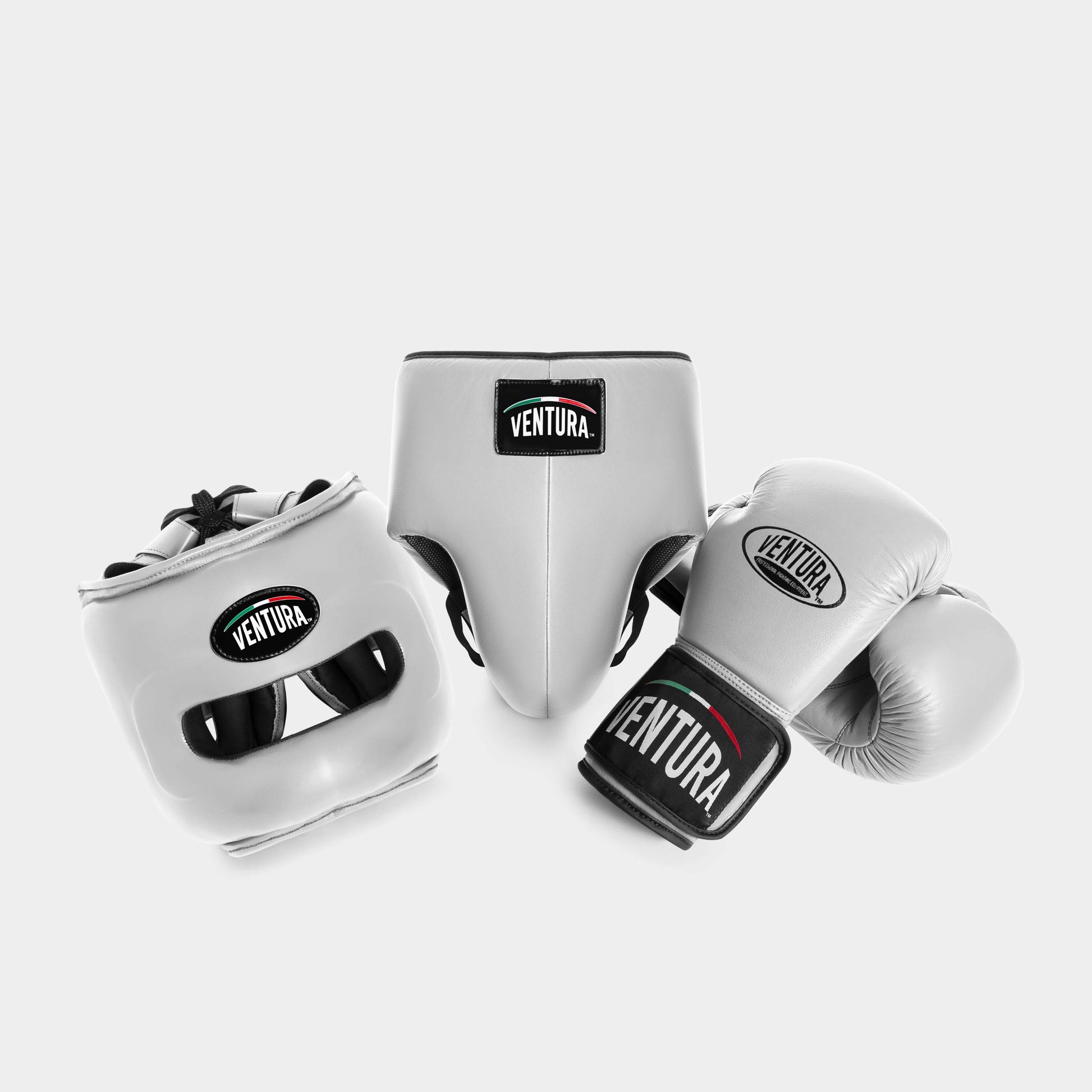GUANTES Y CASCO DE BOXEO DE CUERO GENUINO CON PROTECTOR INGUINAL - GRIS