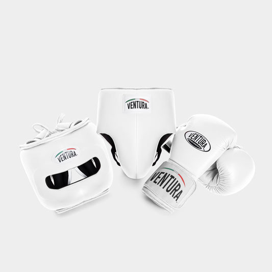 GUANTES Y CASCO CON BARRA FACIAL DE BOXEO DE CUERO GENUINO CON PROTECTOR INGUINAL - BLANCO