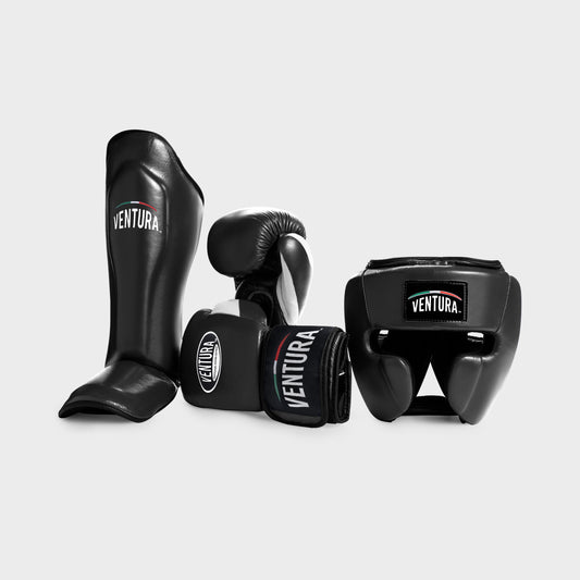 GANTS ET CASQUE DE BOXE EN CUIR VÉRITABLE AVEC PROTÈGE-TIBIAS - NOIR