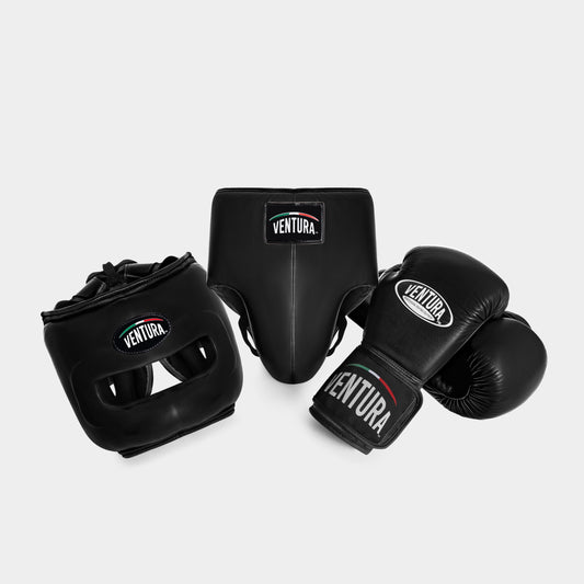 GUANTES Y CASCO CON BARRA FACIAL DE BOXEO DE CUERO GENUINO CON PROTECTOR INGUINAL - NEGRO