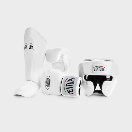 GENUINE LEATHER BOXING GLOVES AND HEADGEAR WITH SHIN GUARDS - WHITE