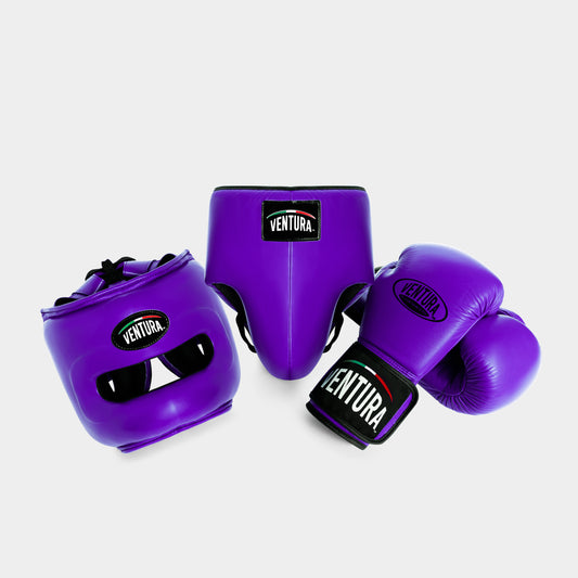 GUANTES Y CASCO CON BARRA FACIAL DE BOXEO DE CUERO GENUINO CON PROTECTOR INGUINAL - MORADO