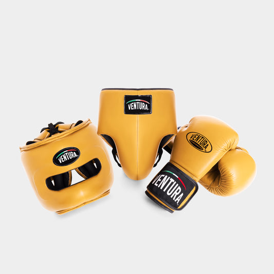 GUANTONI E CASCHETTO FACEBAR BOXE IN VERA PELLE CON CONCHIGLIA PROTETTIVA - ORO