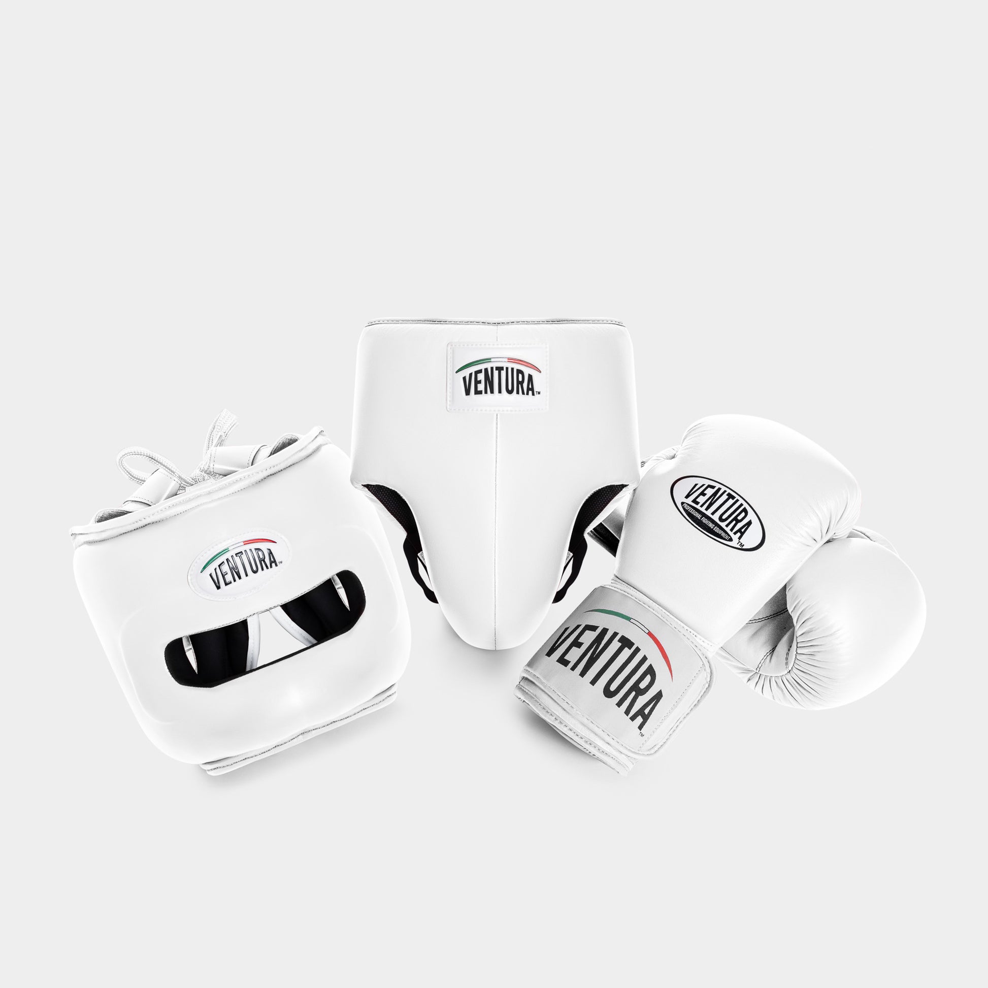 BOXHANDSCHUHE UND KOPFSCHUTZ MIT FRONTBÜGEL AUS ECHTEM LEDER MIT TIEFSCHUZ - WEISS