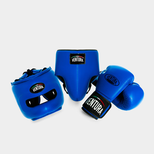 GENUINE LEATHER BOXING GLOVES AND FACE BAR HEADGEAR WITH GROIN GUARD - BLUE