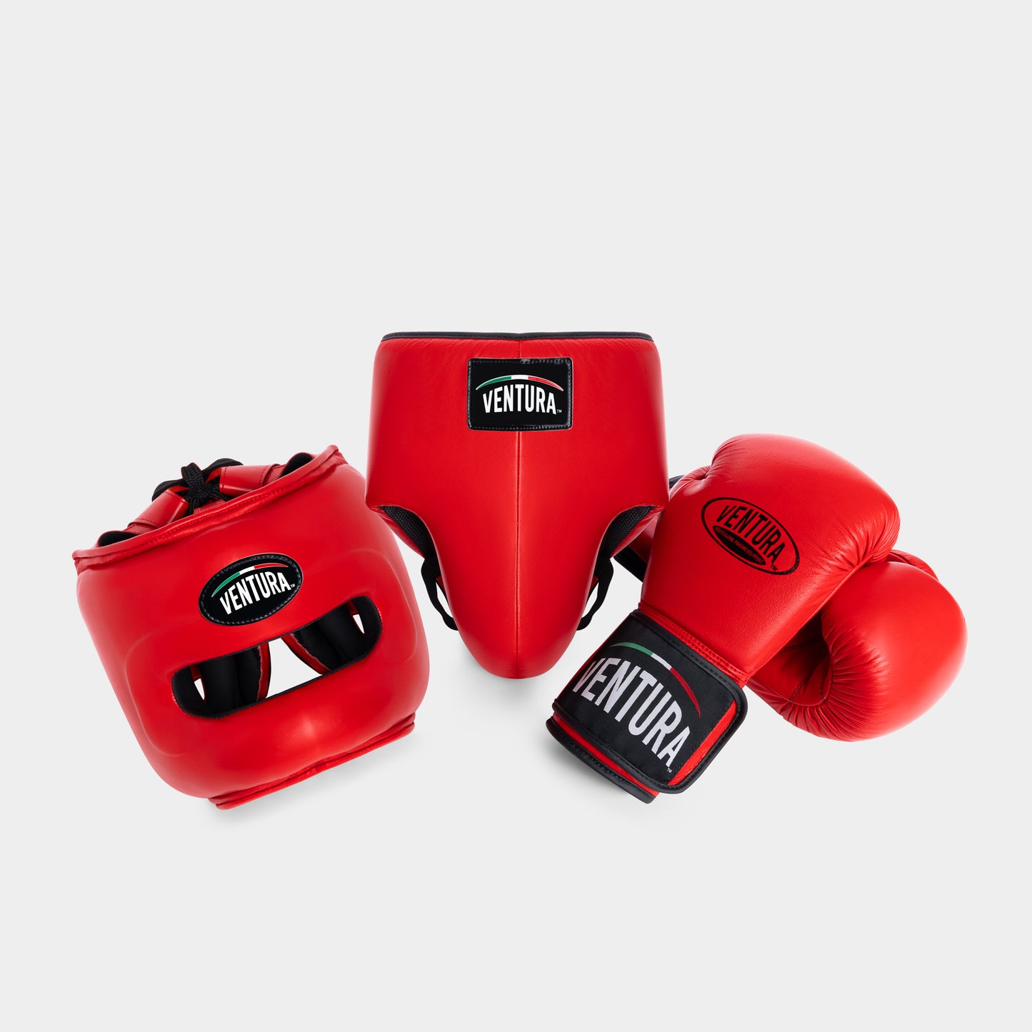 GENUINE LEATHER BOXING GLOVES AND FACE BAR HEADGEAR WITH GROIN GUARD - RED