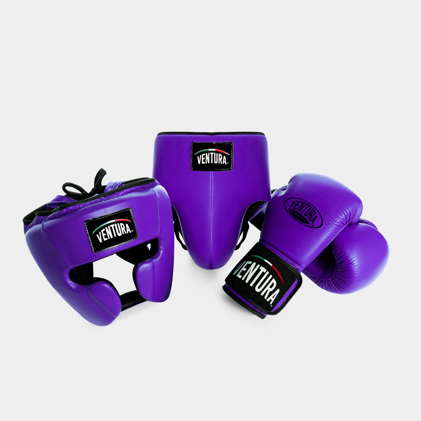 GENUINE LEATHER BOXING GLOVES AND HEADGEAR WITH GROIN GUARD - PURPLE