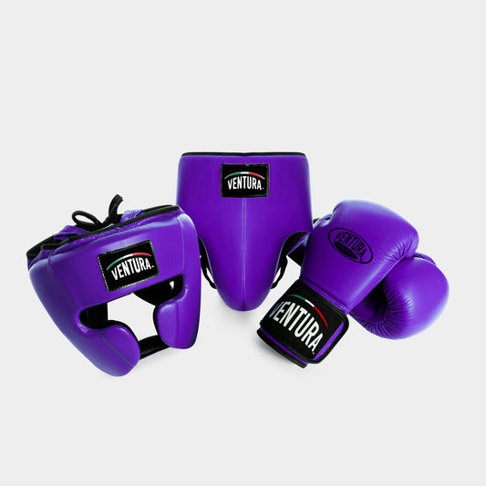 GENUINE LEATHER BOXING GLOVES AND HEADGEAR WITH GROIN GUARD - PURPLE