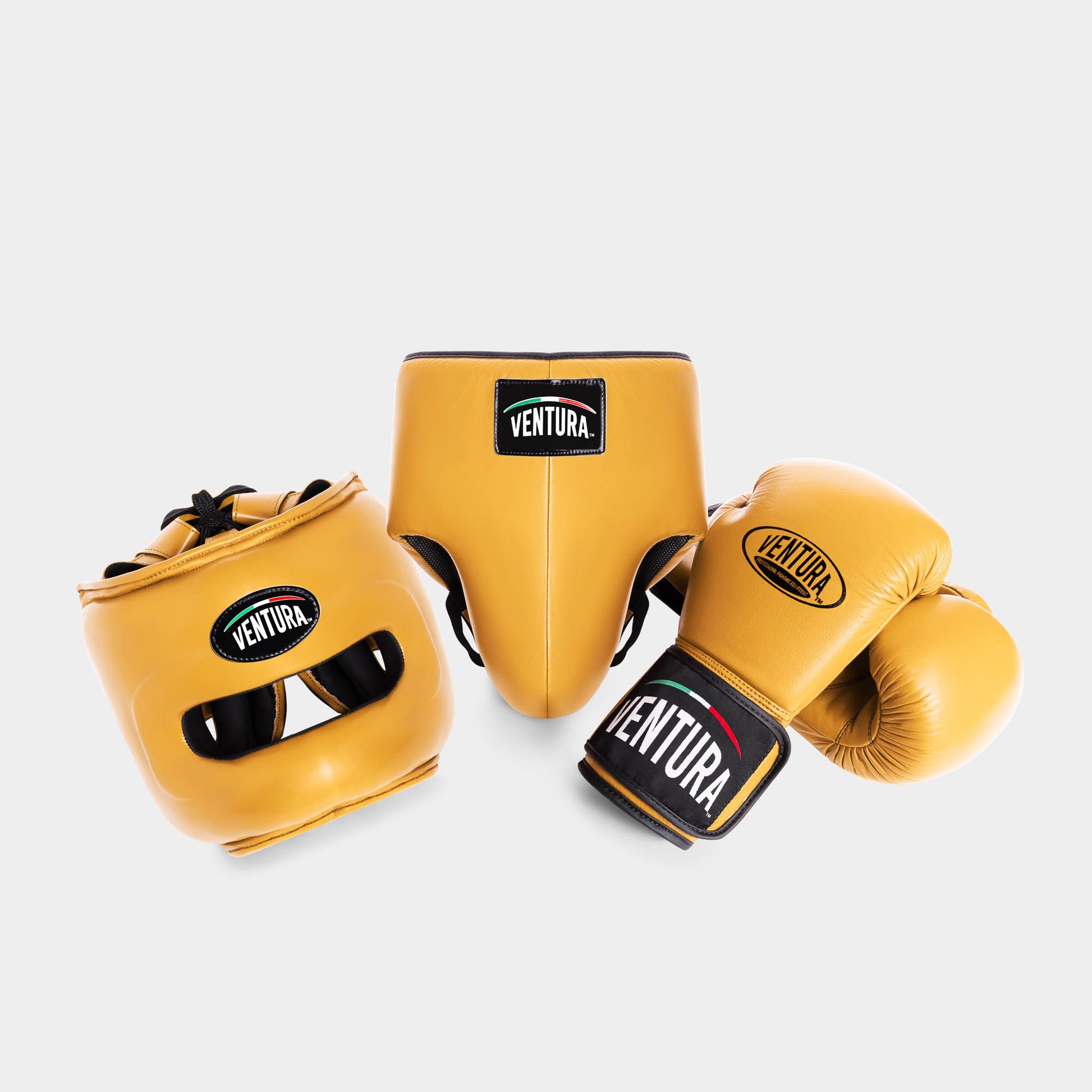 BOXHANDSCHUHE UND KOPFSCHUTZ MIT FRONTBÜGEL AUS ECHTEM LEDER MIT TIEFSCHUZ - GOLD