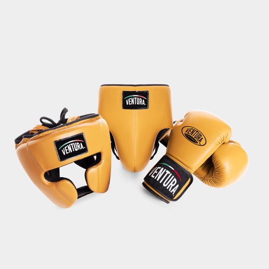 GENUINE LEATHER BOXING GLOVES AND HEADGEAR WITH GROIN GUARD - GOLD