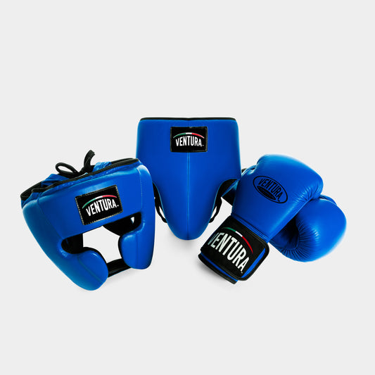 GENUINE LEATHER BOXING GLOVES AND HEADGEAR WITH GROIN GUARD - BLUE