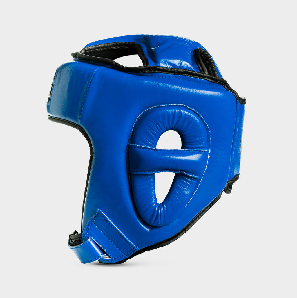 Open-face bokshoofdbeschermer van echt leer - blauw
