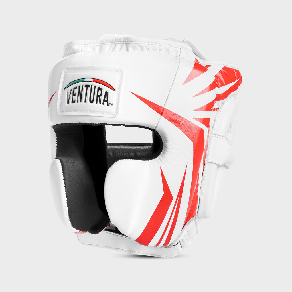 Caschetto da boxe parazigomi in vera pelle - spikes, bianco/rosso