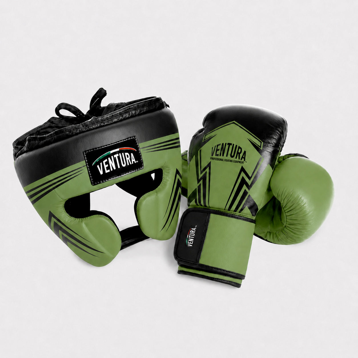 Genuine leather boxing gloves and headgear with cheek protection - arrow, black/matte green