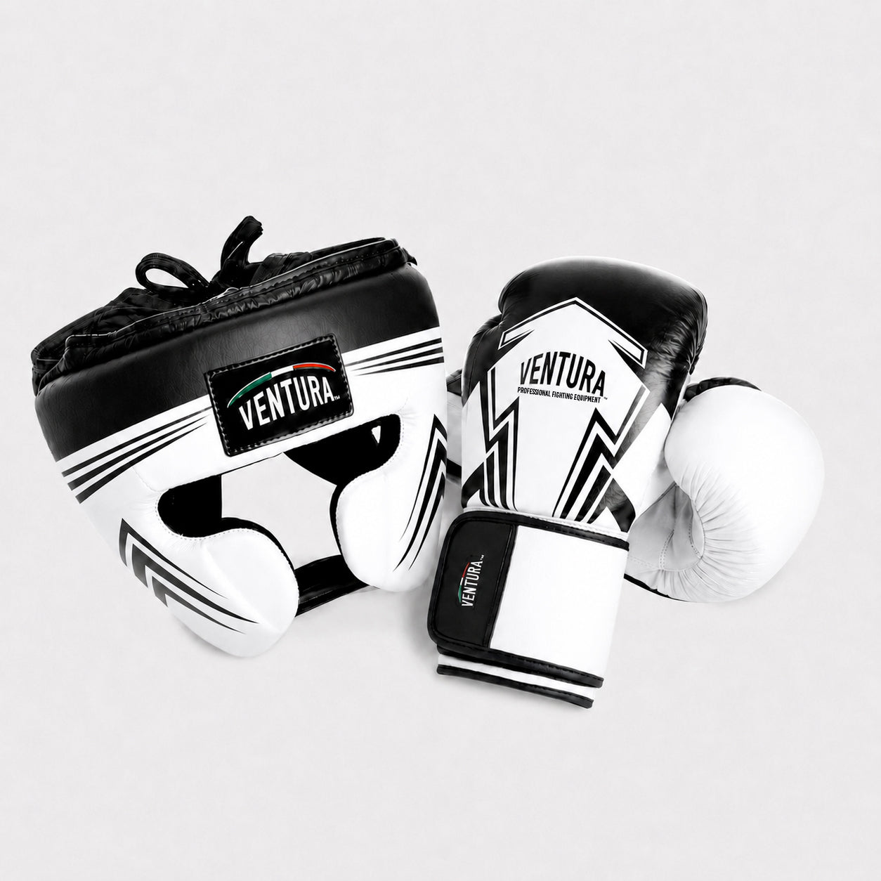 Genuine leather boxing gloves and headgear with cheek protection - arrow, black/white