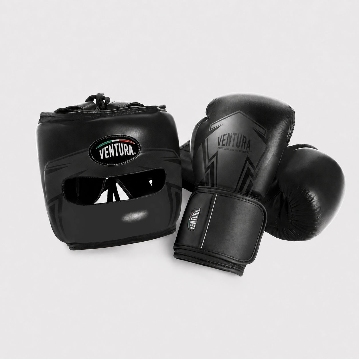 Genuine leather boxing gloves and headgear with face bar - arrow, matte black/glossy black