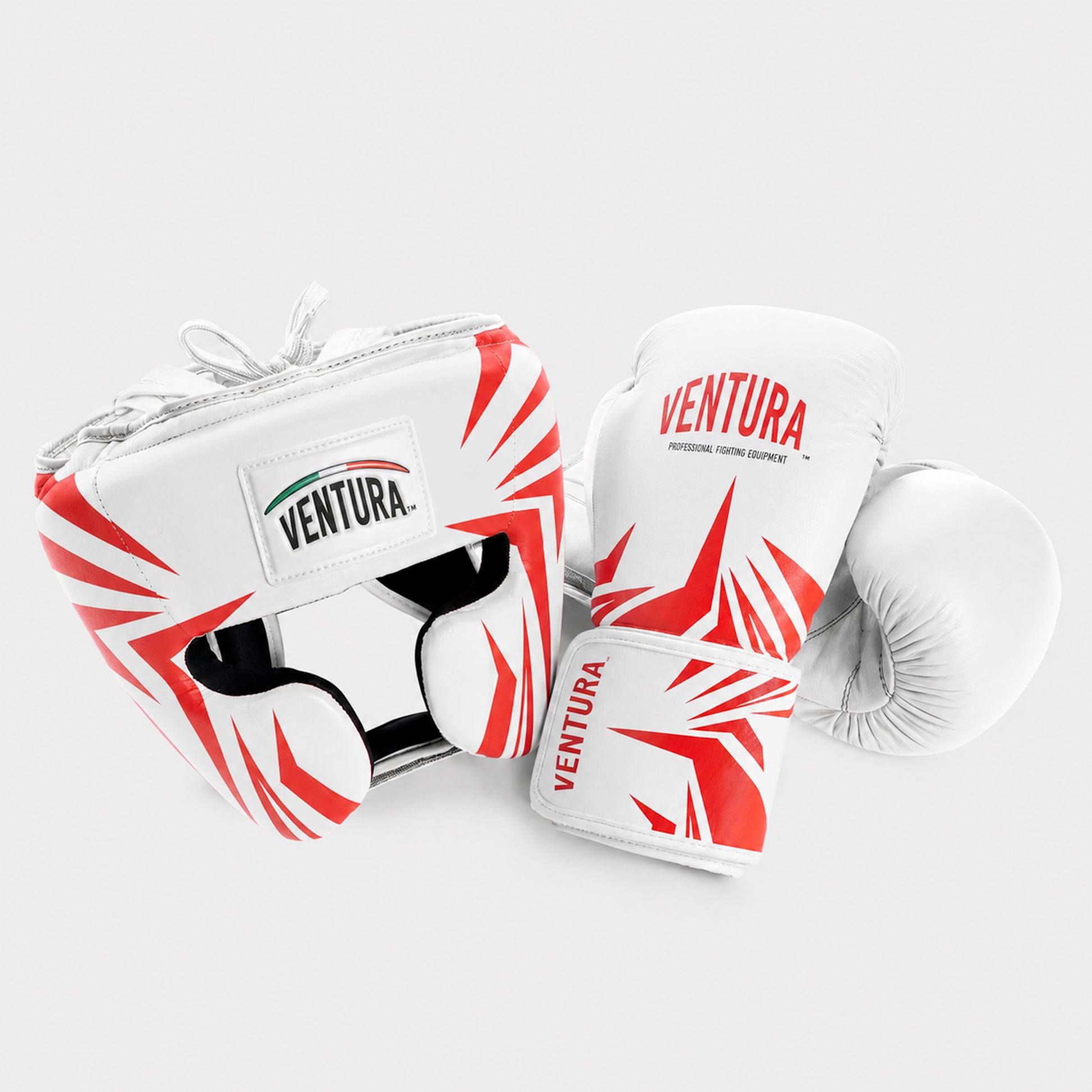 Genuine leather boxing gloves and headgear with cheek protection - spikes, white/red