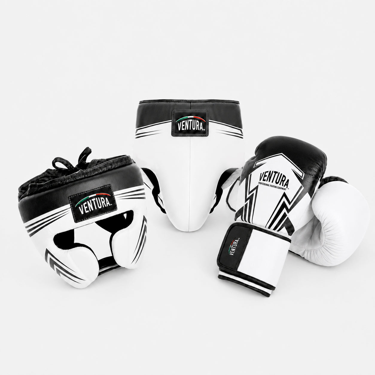 Genuine leather boxing gloves and headgear with cheek protection and groin guard - arrow, black/white
