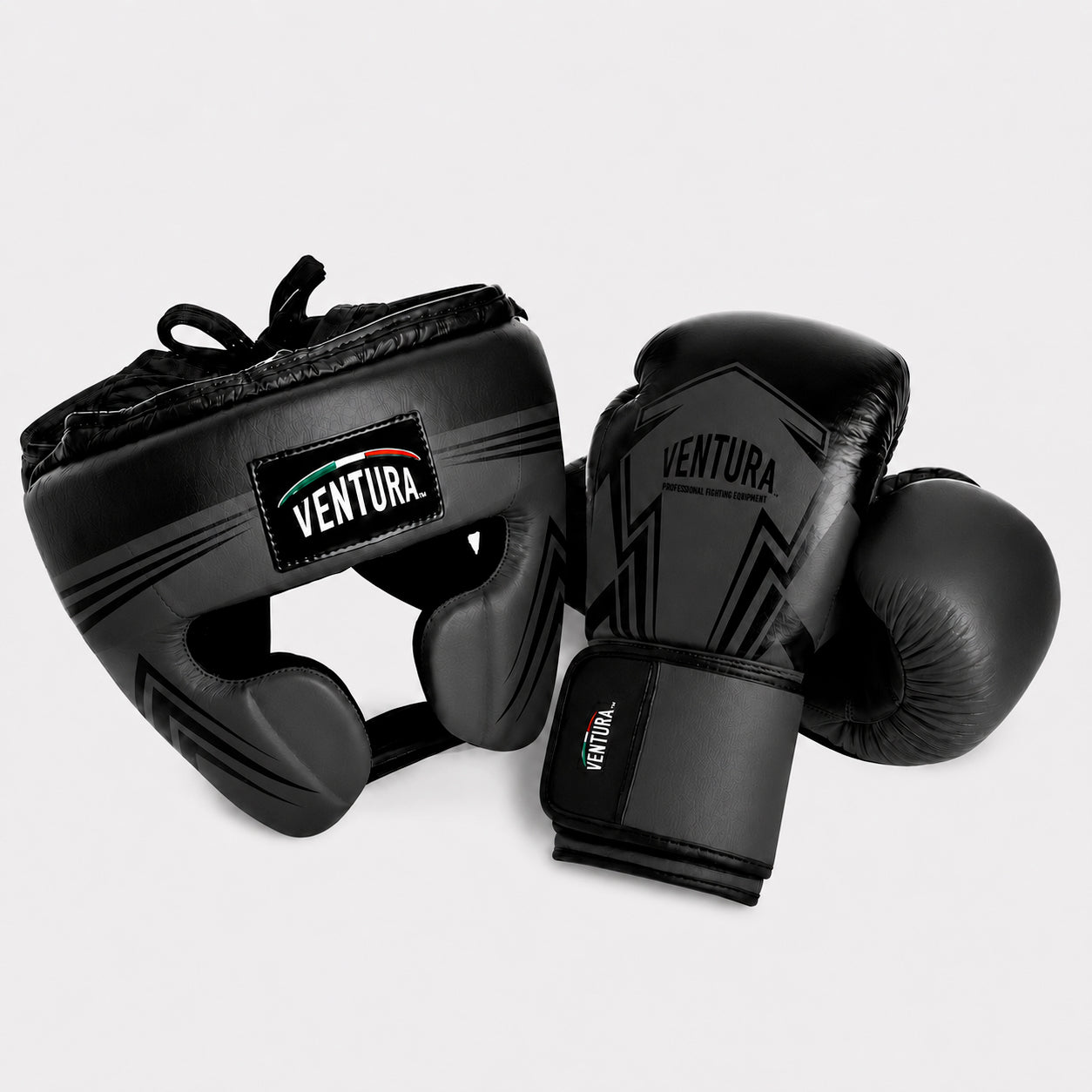 Genuine leather boxing gloves and headgear with cheek protection - arrow, matte black/glossy black