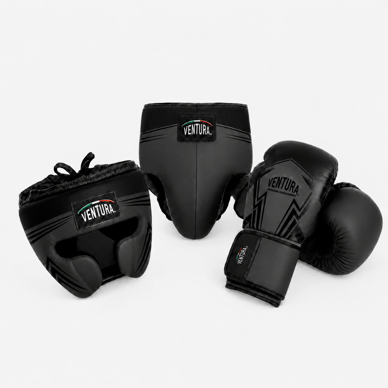 Genuine leather boxing gloves and headgear with cheek protection and groin guard - arrow, matte black/glossy black
