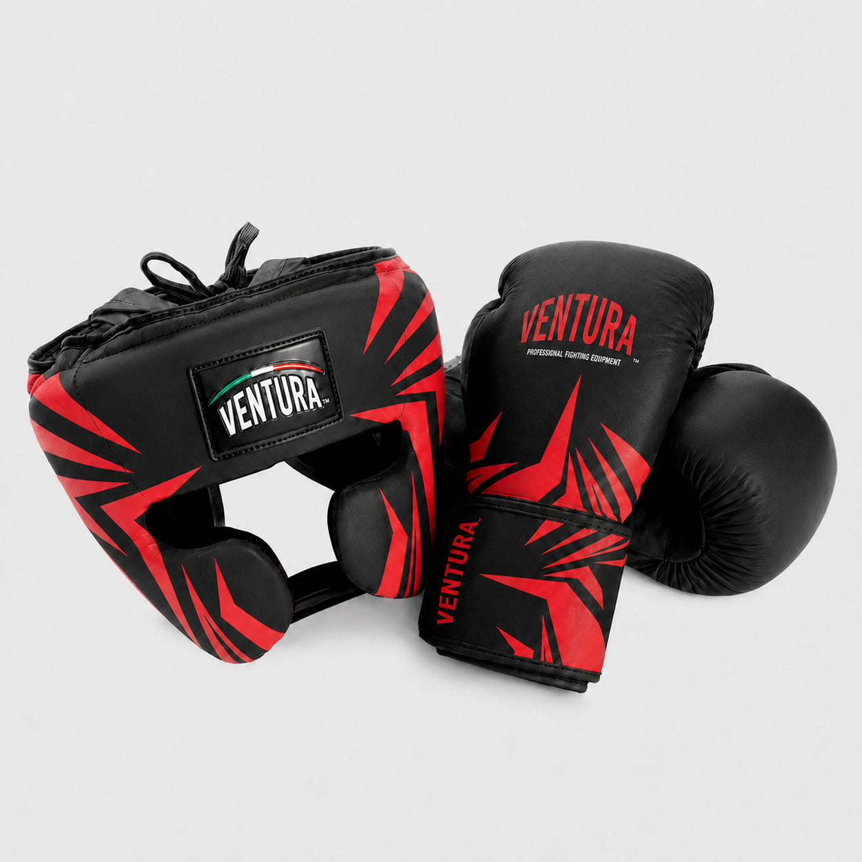 Genuine leather boxing gloves and headgear with cheek protection - spikes, matte black/red