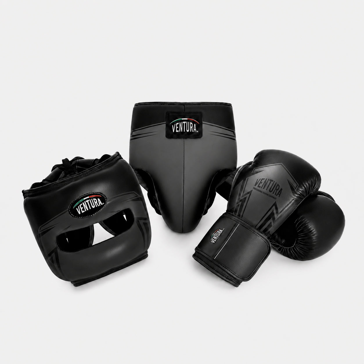 Genuine leather boxing gloves and face bar headgear with groin guard -  arrow, matte black/glossy black