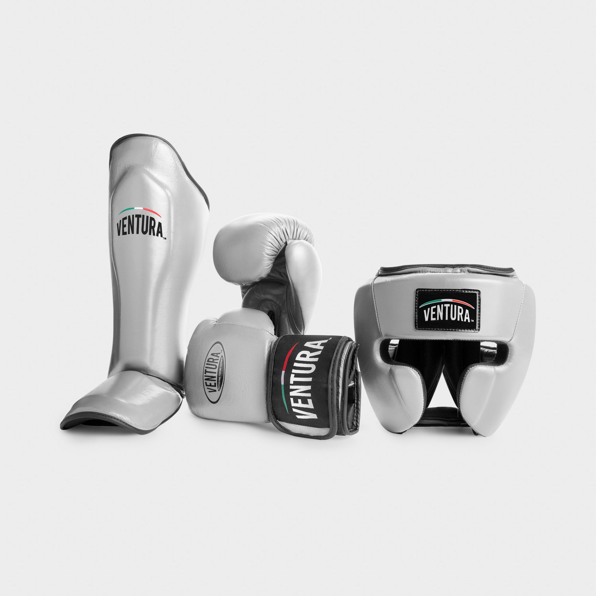 Genuine leather boxing gloves, headgear and shin guards for Muay Thai and kickboxing - silver